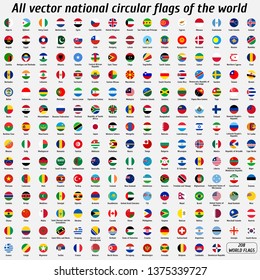 Vector collection of 208 national circular flags with detailed emblems of the world