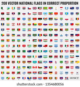 Vector collection of 208 national flags with detailed emblems of the world in correct proportion