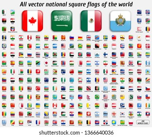 Vector collection of 208 national square flags with detailed emblems and transparent effect