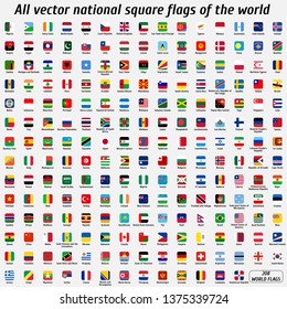 Vector collection of 208 national square flags with detailed emblems of the world