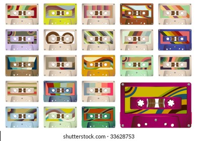 VECTOR Collection of 22 retro vintage cassette tapes with a variety of colourful decorated labels.