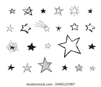 Vector collection of 23 hand drawn stars isolated on white background