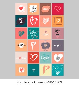 Vector collection of 24 cute Valentines cards. Printable template adapted for quadratic formats. Hand drawn elements by brush. Happy Valentine's Day