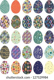 Vector collection of 25 painted and textured easter eggs.
