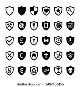 Vector collection of 30 security shields protection concept icon set for web design. High quality icons isolated on white background