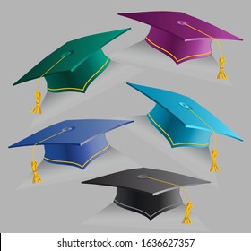 Vector Collection 3D Education Caps. Set of Realistic Graduation student hats. Graduate ceremony. Isolated caps in different colors.
