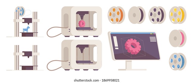 Vector collection for 3d print. Printers and display with gear prototype, various colors filament spools