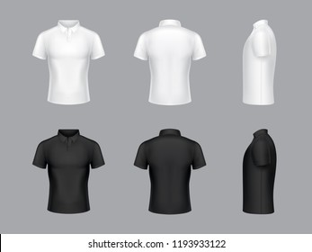 Vector collection of 3d realistic white and black polo t-shirts. Short sleeves, fashion design. Clothes in different views - side, back and front. Man classic clothing isolated on grey background.