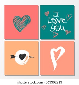 Vector collection of 4 cute Valentines card templates. Hand drawn elements by brush. Happy Valentine's Day.