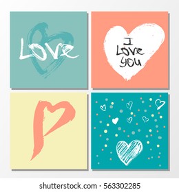 Vector collection of 4 cute Valentines card templates. Hand drawn elements by brush. Happy Valentine's Day.