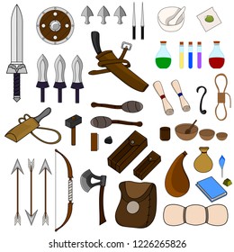 Vector Collection of 46 Items for Adventure isolated on white background. Adventurer Equipments. Medieval Weapons, Bags, Magic Potions, Crockery, Torchs, Bow. Vector illustration for Your Design.