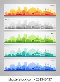 Vector collection of 5 horizontal banners with small town or village silhouettes