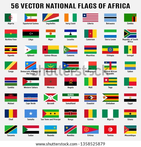 Vector collection of 56 national flags with detailed emblems of Africa in correct proportion