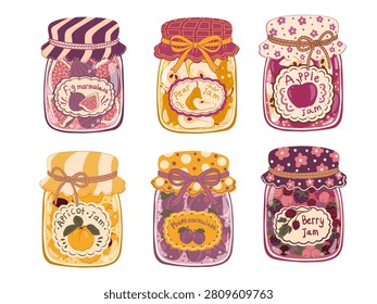 Vector collection of 6 jars of berry jam and fruit marmalade. Beautiful and cute illustrations of autumn sweet desserts. Hand-drawn isolated clipart doodle stickers.