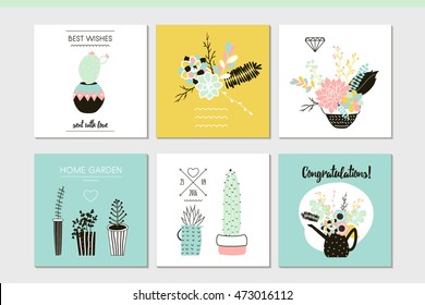 Vector collection of 6 stylish square cards with vintage flowers, succulents, cactus, composition and shapes. Vector illustration. Poster or print design