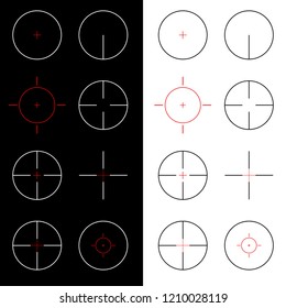 Vector collection of 8 different crosshair (gun sight) isolated on white and black background, graphic elements suitable for web design and flash shooter games