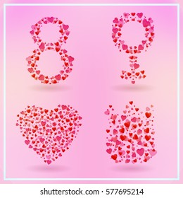 Vector collection of 8 March symbols consisting of hearts on the pink background. Concept of Happy Women's Day.