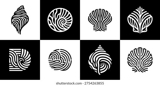 Vector collection of 8 sea shell icons featuring various spiral and fan shapes in a monoline flat style for marine biology and coastal identity themes