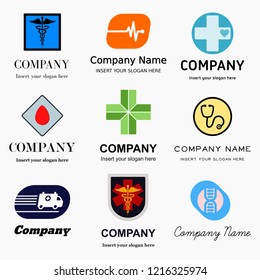 Vector collection of 9 different premade medical and medicine related logos - flat, elegant and simple style for your medical related brand