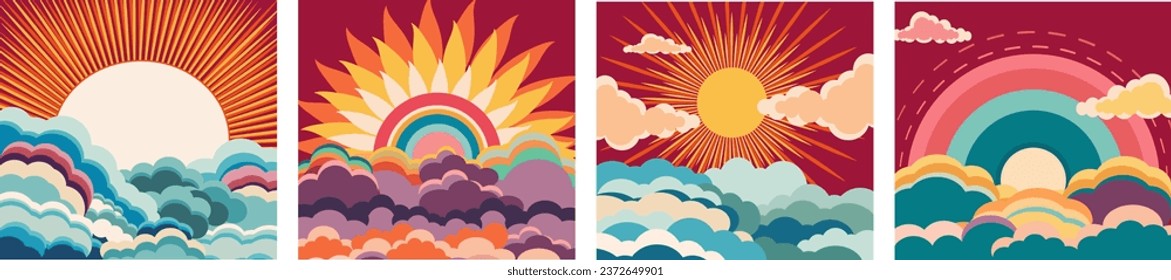 Colección vectorial de afiches groovy de los años 90 en un estilo psicodélico de dibujos animados. Diseño de boho e hippie, con elementos retro vibrantes y paisajes trippy. Nubes, mar, rayos solares y olas psicodélicas.