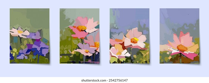 Coleção de vetores. Arte abstrata, pintura a óleo colorida flor e folha, fundo da natureza. Conjunto de ilustração de design de padrão floral para cartaz, papel de parede, banner, capa, cartão, modelo