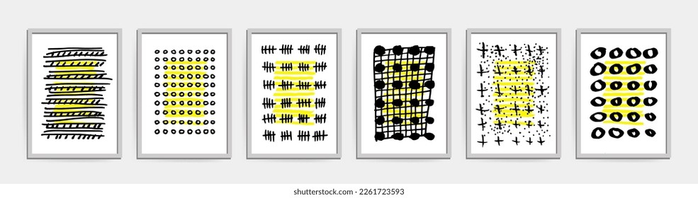 Vector collection of abstract artistic hand drawn creative posters. Set of geometric room decor abstractions. Brush strokes and marker lines. Contemporary wall art