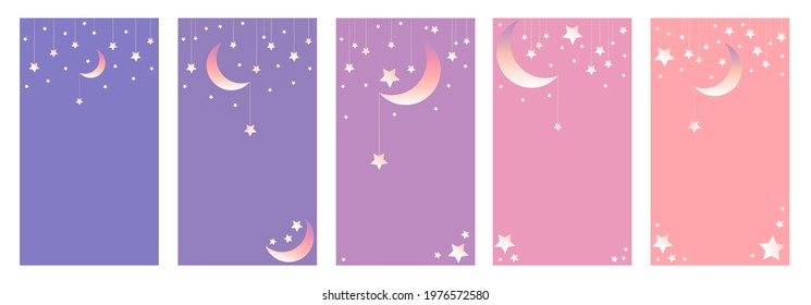 Vector collection of abstract backgrounds with copy space - pastel banners, posters, cover design templates, social media wallpapers with stars and moon. Blue, violet, pink, yellow, peach, purple