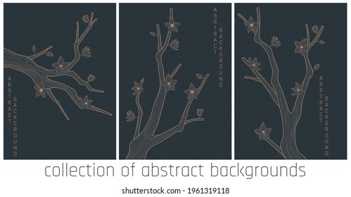 vector collection abstract backgrounds with simple japanese pattern and stylized sakura branch in black and gold colours
