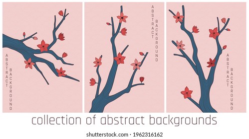 vector collection abstract backgrounds with simple japanese pattern and stylized sakura branch in orange and blue colours