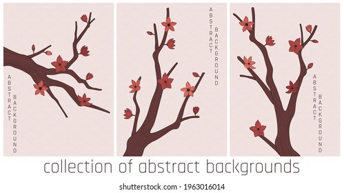 vector collection abstract backgrounds with simple japanese pattern and stylized sakura branch in orange and brown colours