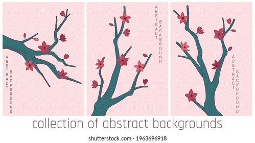 vector collection abstract backgrounds with simple japanese pattern and stylized sakura branch in pink and green colours