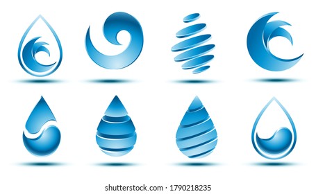 Vector collection of abstract blue water drop logo design with shadow on white background.