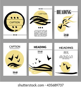 Vector collection of abstract creative stroke cards. Artistic graphic design. Invitation, leaflet, postcard sample. Anniversary, celebration, event, party. Poster, placard, business card. Ink drawing.