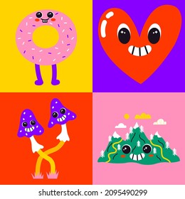 Vector collection of abstract fun posters with bizarre characters. Psychedelic comic faces with smile. Retro donut, heart, mushrooms, mountain colorful illustration