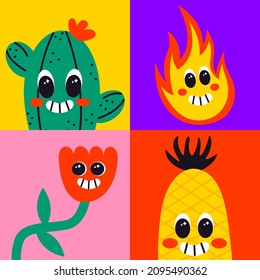 Vector collection of abstract fun posters with bizarre characters. Psychedelic comic faces with smile. Retro cactus, fire, flower, pineapple colorful illustration