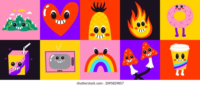 Vector collection of abstract fun posters with bizarre characters. Psychedelic comic faces with smile. Pop art retro mountain juice box heart tv pineapple rainbow fire mushrooms donut coffee cup