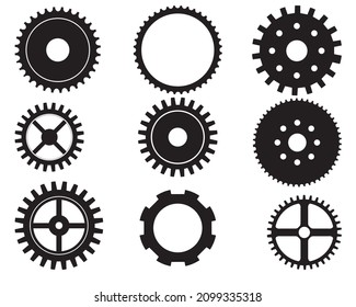 vector collection of abstract gears of various sizes on black and white background