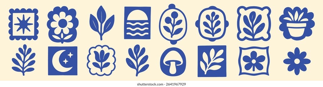 Vector collection of abstract geometric flower stamps featuring hand-drawn summer blossoms and ethnic-inspired ornament frames. Includes groovy floral illustrations with simple folk shapes and vintage
