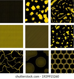 Vector collection of abstract geometric seamless patterns. Set of stylish backgrounds with elegant minimal labels. Abstract texture modern lines ornament. Fashionable yellow color. Design for print