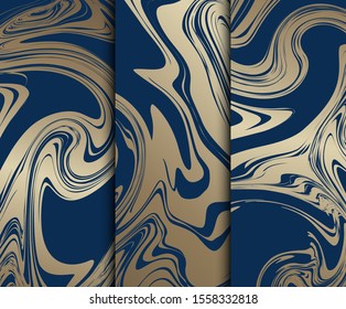 Vector collection of abstract golden backgrounds for wallpaper, invitation card or packaging design. Modern printable paper with marble effect and gold foil. 