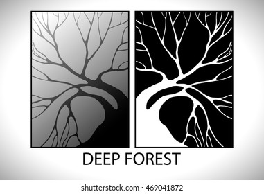 Vector. Collection of abstract graphic silhouette of a tree. Stylized decorative image. Natural eco product logo, symbol. Monochrome and gradient