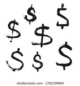 Vector collection of abstract of hand drawn dollar symbols isolated on white. Distressed quill. Modern Textured pen Stroke. The pattern can be used for your ad, poster, banner of USD money