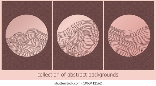vector collection abstract japanese style landscapes in orange circle and dark brown lines and backdrop