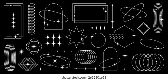 Vector collection of abstract linear elements, including dynamic waves, minimal sparkles, and tech-style frames. Trendy geometric set for modern visual design, on Black Background