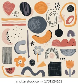 Colección vectorial de formas abstractas y elementos geométricos con textura dibujada a mano. Collage estético contemporáneo. Diseño de moda