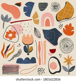 Colección vectorial de formas abstractas y elementos geométricos con textura dibujada a mano. Collage estético contemporáneo. Diseño de moda