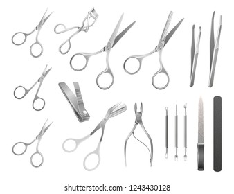 Vector collection of accessories for manicure, haircuts and makeup. Isolated realistic illustrations on a semi-transparent background.