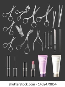 Vector collection of accessories for manicure, haircuts and makeup. Isolated realistic illustrations on a semi-transparent background.