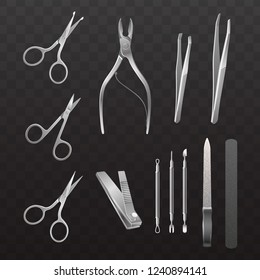 Vector collection of accessories for manicure and pedicure. Isolated realistic illustrations on a semi-transparent background.