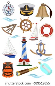 Vector collection of accessories, signs and symbols of sea navigation on a ship, yacht or sailboat on a white background.